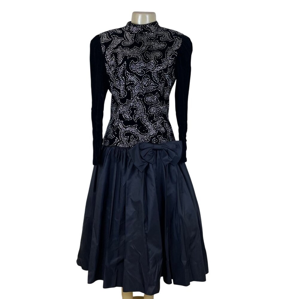 Vintage Nili Martin Womens Black Velvet & Taffeta Gown Dress With Sequins Sz 10